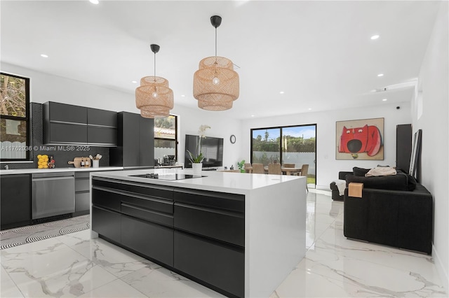 kitchen with light countertops, dishwasher, black electric cooktop, modern cabinets, and marble finish floor