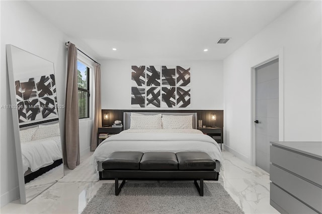 bedroom with recessed lighting, visible vents, and marble finish floor