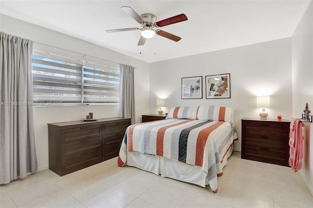 bedroom with light tile patterned flooring and ceiling fan