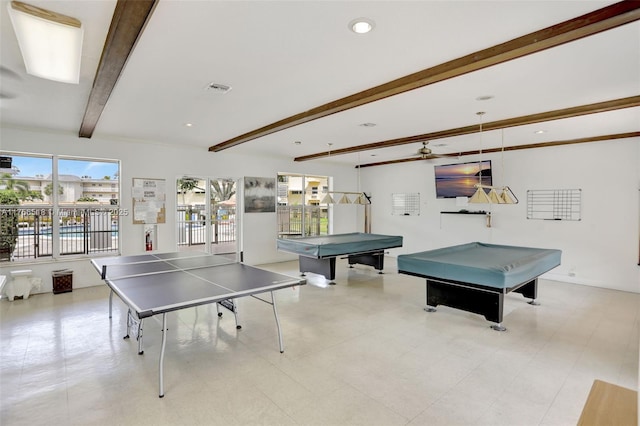 playroom featuring visible vents, pool table, ceiling fan, beamed ceiling, and recessed lighting