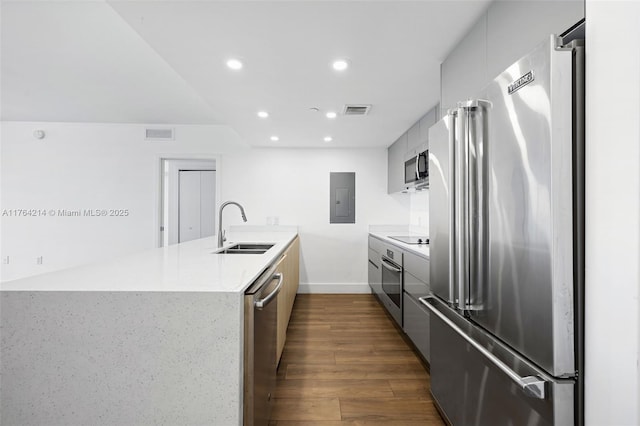 kitchen featuring a peninsula, electric panel, a sink, stainless steel appliances, and modern cabinets