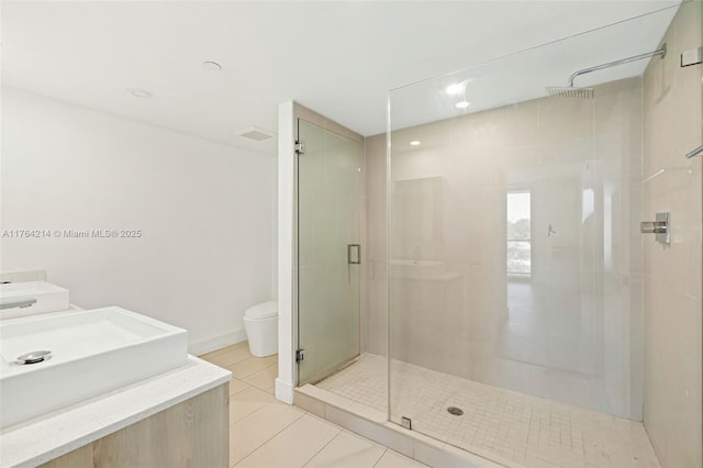 full bath with visible vents, toilet, a shower stall, tile patterned flooring, and vanity