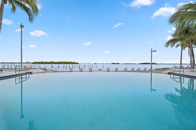 view of swimming pool featuring a water view