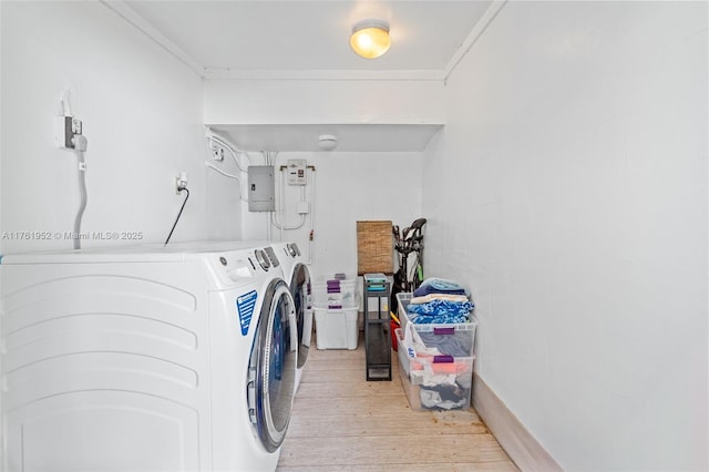clothes washing area featuring crown molding, light wood finished floors, washer and dryer, laundry area, and electric panel
