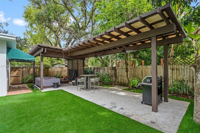 view of yard with a fenced backyard, a patio, and a pergola