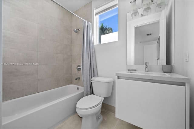 full bath featuring tile patterned flooring, visible vents, toilet, shower / bath combination with curtain, and vanity