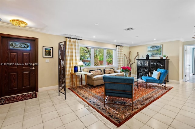 living room with light tile patterned floors, visible vents, baseboards, and crown molding