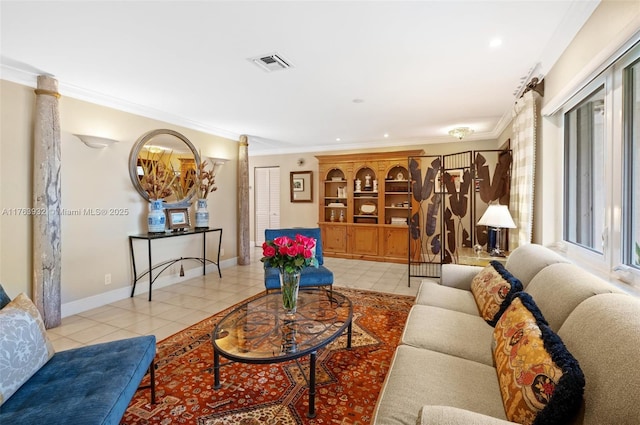 living area featuring baseboards, visible vents, light tile patterned flooring, recessed lighting, and ornamental molding