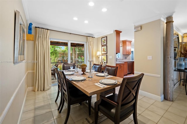 dining room featuring light tile patterned flooring, recessed lighting, baseboards, and ornamental molding