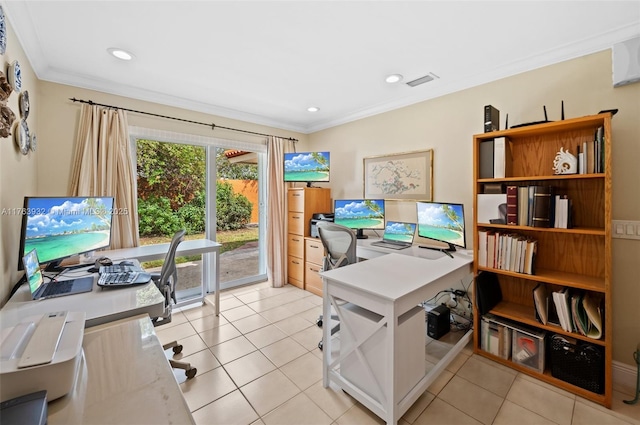 office area with light tile patterned floors, visible vents, recessed lighting, and ornamental molding