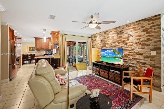 living area with recessed lighting, visible vents, ceiling fan, and light tile patterned flooring