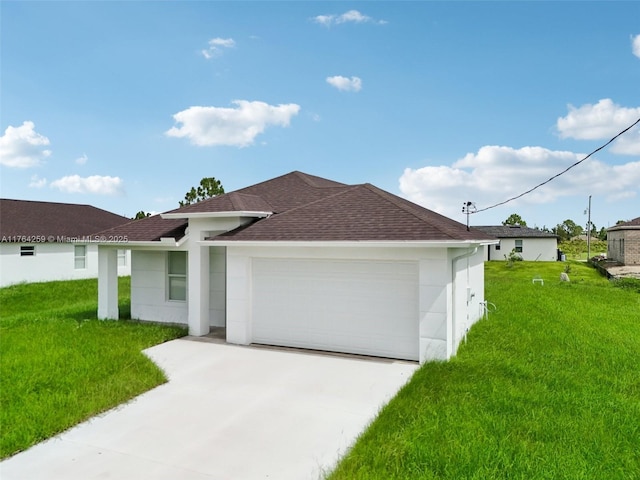 view of front facade with a shingled roof, a front lawn, stucco siding, driveway, and an attached garage