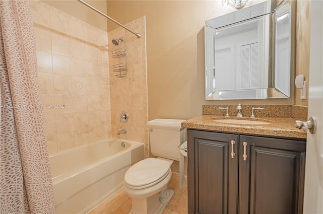 full bathroom featuring vanity, shower / bath combination with curtain, toilet, and tile patterned floors