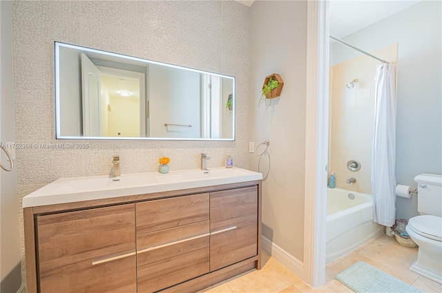 bathroom with tile patterned floors, toilet, a sink, shower / tub combo, and double vanity