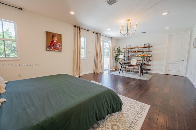 bedroom with visible vents, dark wood-style flooring, recessed lighting, a notable chandelier, and access to outside