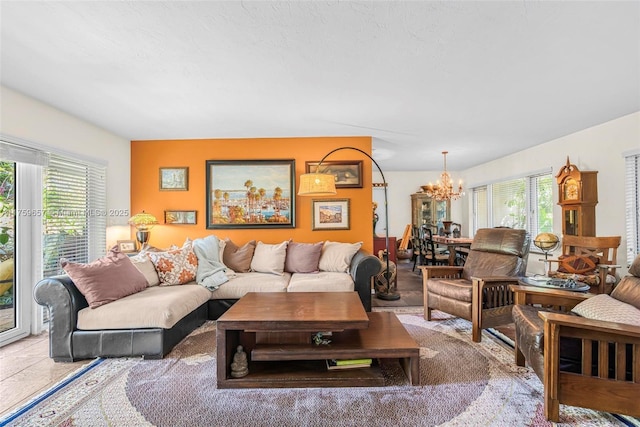 living area featuring an inviting chandelier