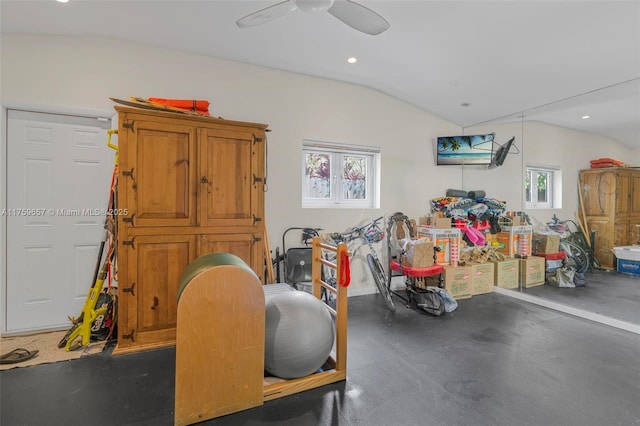 garage featuring recessed lighting and a ceiling fan