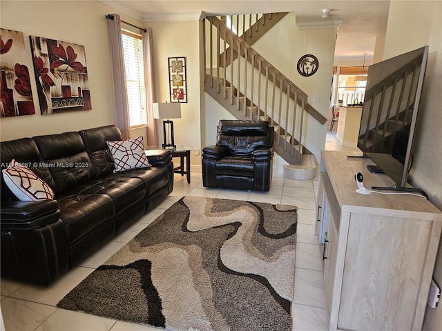 living area with stairs, light tile patterned flooring, baseboards, and ornamental molding