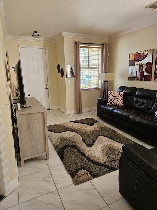 living area featuring crown molding, baseboards, visible vents, and marble finish floor