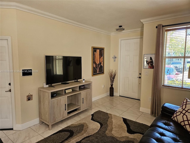 living area with crown molding, baseboards, and marble finish floor