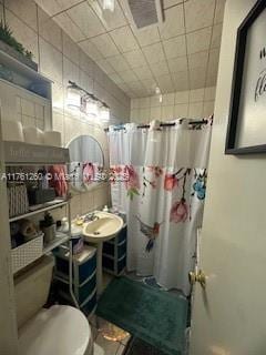 full bath featuring toilet and a shower with shower curtain