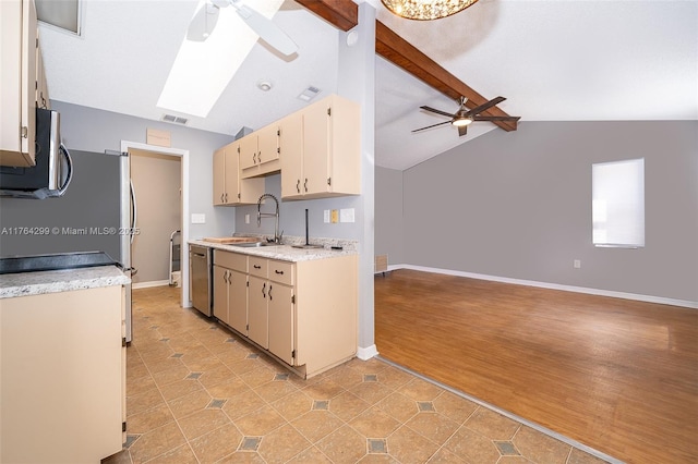 kitchen with light countertops, visible vents, appliances with stainless steel finishes, and ceiling fan