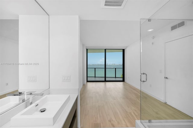 bathroom with vanity, a wall of windows, wood finished floors, and visible vents