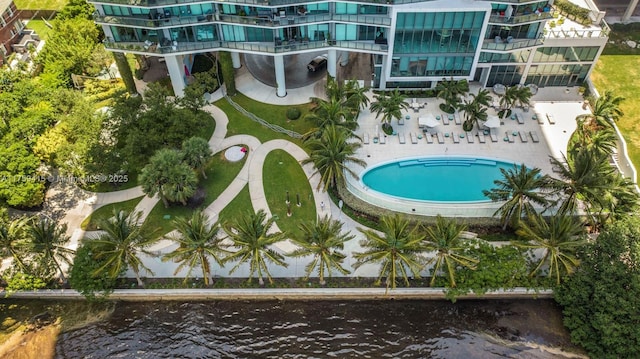 drone / aerial view featuring a water view