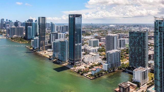 aerial view with a view of city and a water view