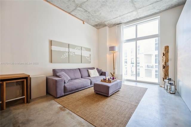 living area with concrete floors