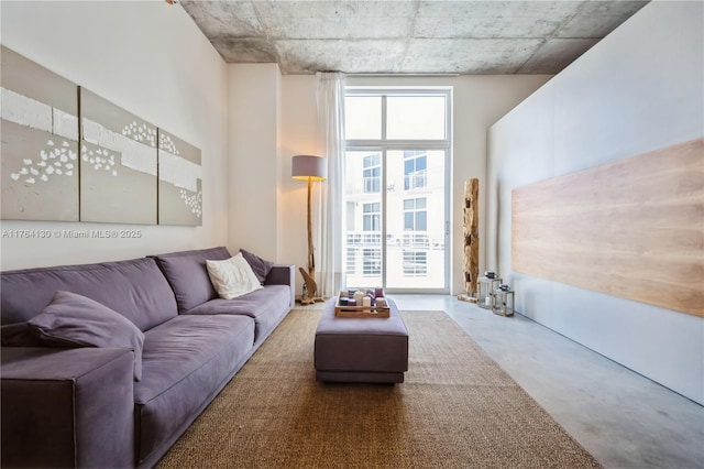 living area featuring concrete floors