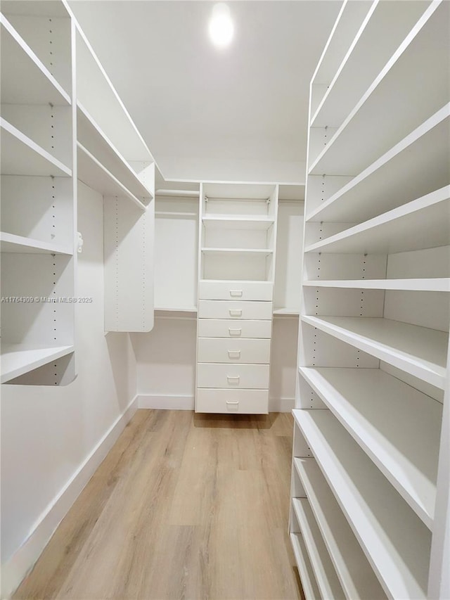 walk in closet with light wood finished floors