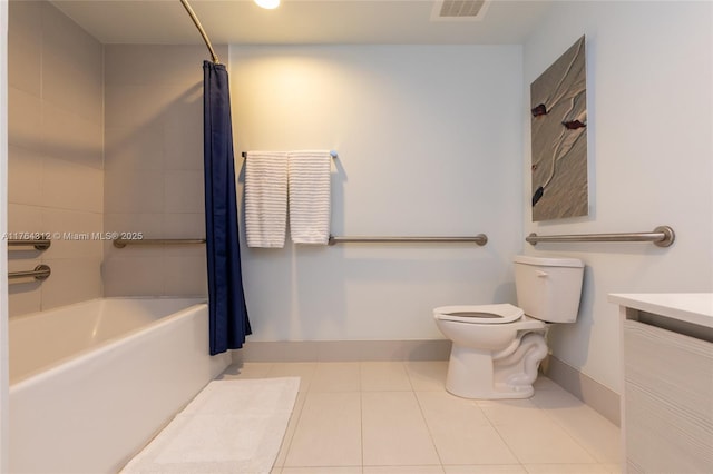 bathroom with tile patterned flooring, visible vents, baseboards, toilet, and shower / bathtub combination with curtain