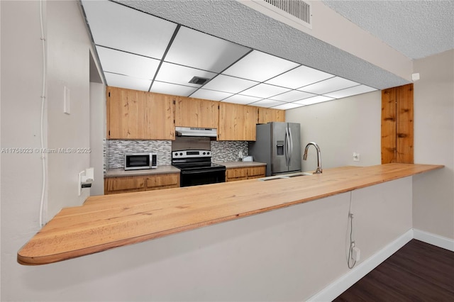 kitchen with a peninsula, a sink, decorative backsplash, stainless steel appliances, and under cabinet range hood