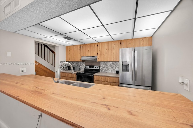 kitchen featuring visible vents, under cabinet range hood, a sink, backsplash, and appliances with stainless steel finishes