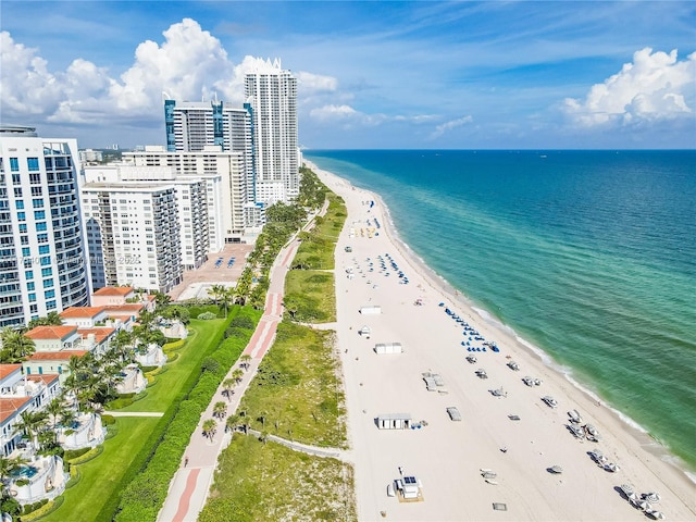 aerial view with a view of city, a water view, and a beach view