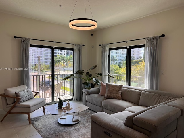 living area featuring light tile patterned flooring