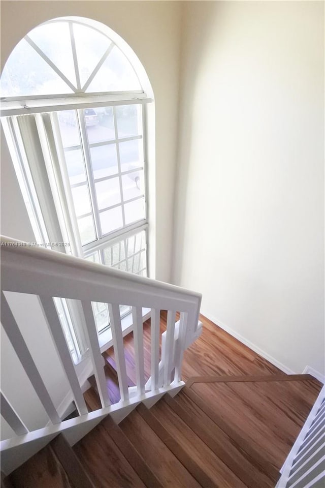 staircase featuring plenty of natural light, wood finished floors, and baseboards