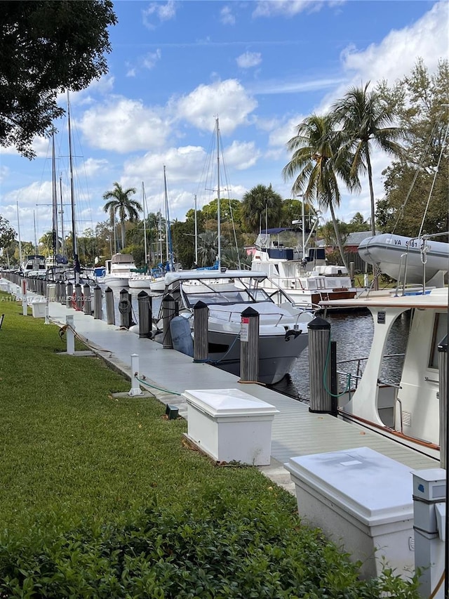 view of dock featuring a yard and a water view