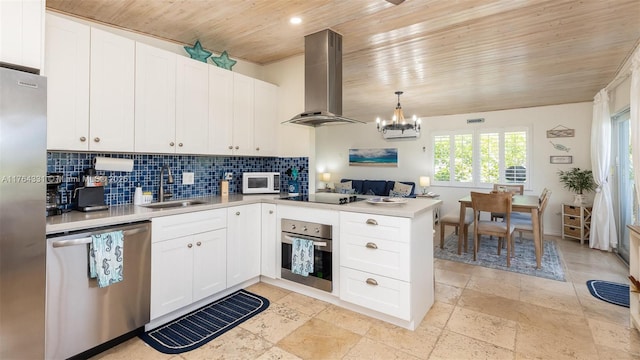 kitchen featuring wood ceiling, a peninsula, island range hood, stainless steel appliances, and a sink