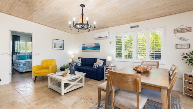 living area featuring an AC wall unit, wooden ceiling, and a chandelier