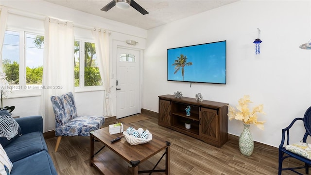 living room with wood finished floors and ceiling fan