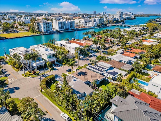 aerial view featuring a view of city and a water view