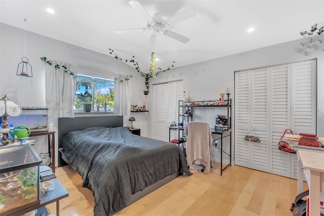 bedroom with light wood-style flooring, recessed lighting, a closet, ceiling fan, and vaulted ceiling