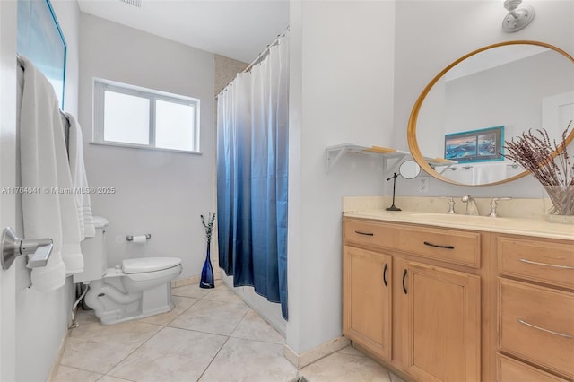 bathroom with vanity, tile patterned floors, toilet, and a shower with shower curtain