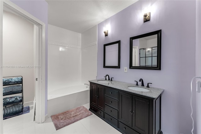 full bathroom featuring a sink, a shower, a bath, and double vanity