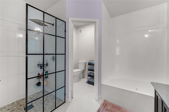 bathroom featuring visible vents, a tub, tile patterned flooring, a walk in shower, and toilet