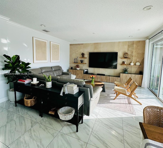 living area with visible vents, marble finish floor, a textured ceiling, and crown molding