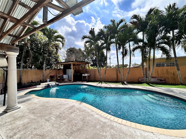 view of pool featuring a fenced in pool, a fenced backyard, and a patio area