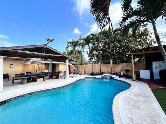 view of pool featuring a gazebo, a fenced in pool, a fenced backyard, and a patio area